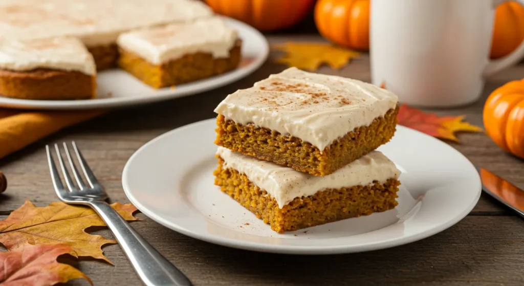 A tray of soft gluten-free pumpkin squares topped with cream cheese frosting.