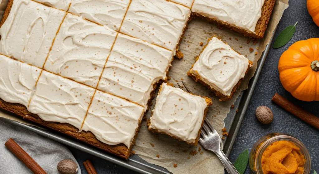 A tray of soft gluten-free pumpkin squares topped with cream cheese frosting.